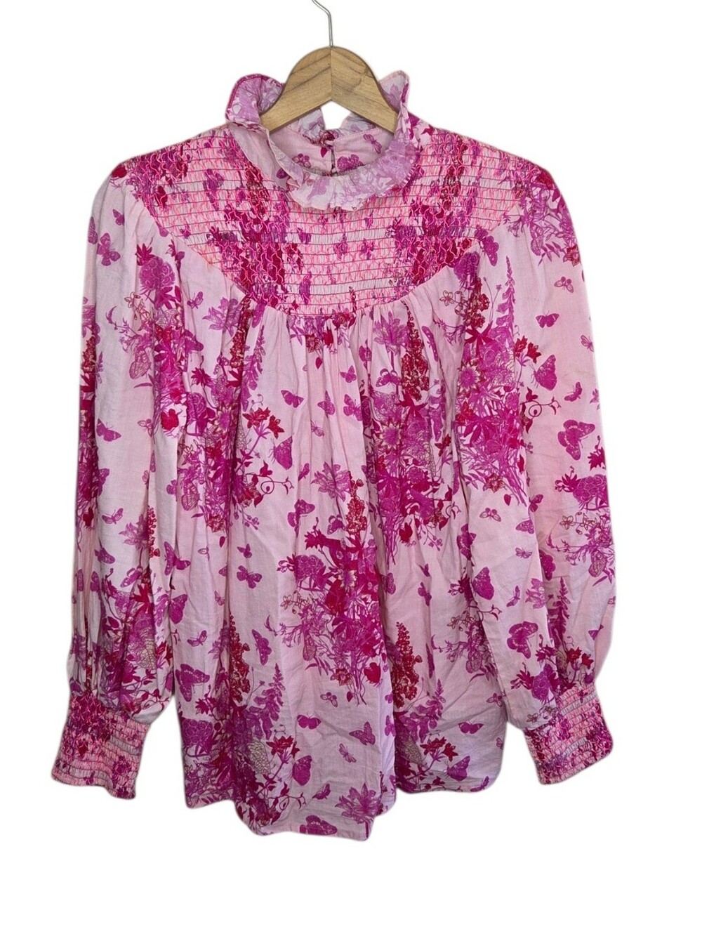 Victoria Dunn Pink Secret Garden Butterfly Print Puff Sleeve Blouse Size Small
